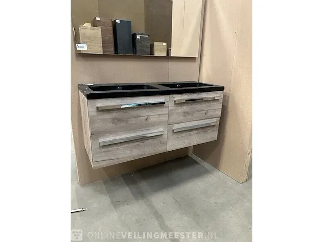 Badmeubel 120 – 4 laden craft oak zwarte keramische wastafel met kraangat chromen greep hr badmeubelen - afbeelding 1 van  7