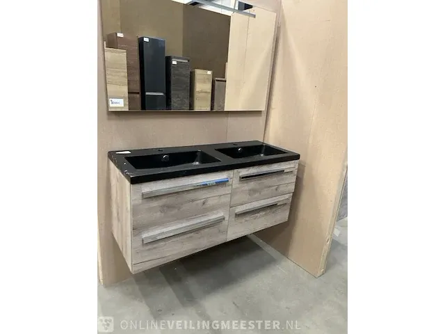 Badmeubel 120 – 4 laden craft oak zwarte keramische wastafel met kraangat chromen greep hr badmeubelen - afbeelding 2 van  7
