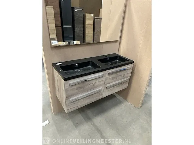 Badmeubel 120 – 4 laden craft oak zwarte keramische wastafel met kraangat chromen greep hr badmeubelen - afbeelding 3 van  7