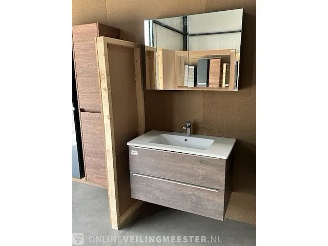 Badmeubel 70 + keramische wastafel + spiegelkast hr badmeubelen, badmeubel, truffel oak - afbeelding 1 van  8