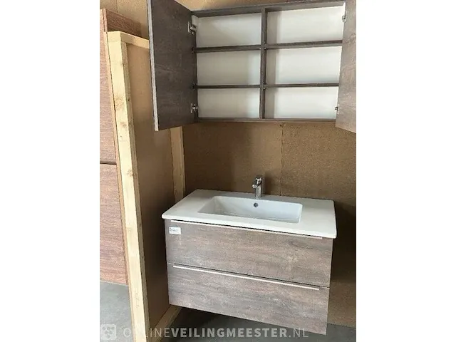 Badmeubel 70 + keramische wastafel + spiegelkast hr badmeubelen, badmeubel, truffel oak - afbeelding 3 van  8