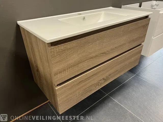 Badmeubel incl keramische wastafel detremmerie, donker eiken - afbeelding 2 van  8