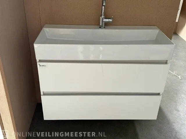 Badmeubel xxl 100 met porseleinen wastafel hr badmeubelen, badmeubel, wit hoogglans - afbeelding 1 van  6