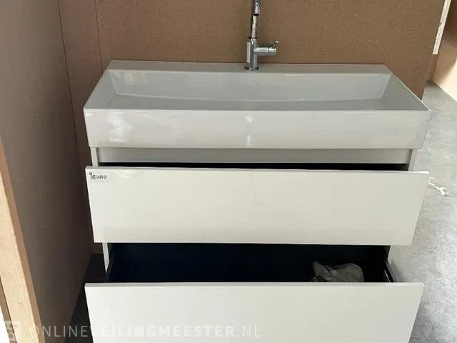 Badmeubel xxl 100 met porseleinen wastafel hr badmeubelen, badmeubel, wit hoogglans - afbeelding 2 van  6