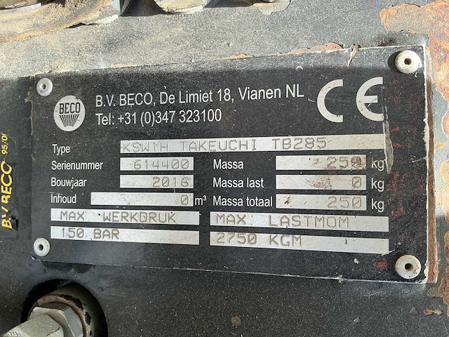 Beco ksw1h takeuchi tb285 kantelstuk - afbeelding 9 van  9