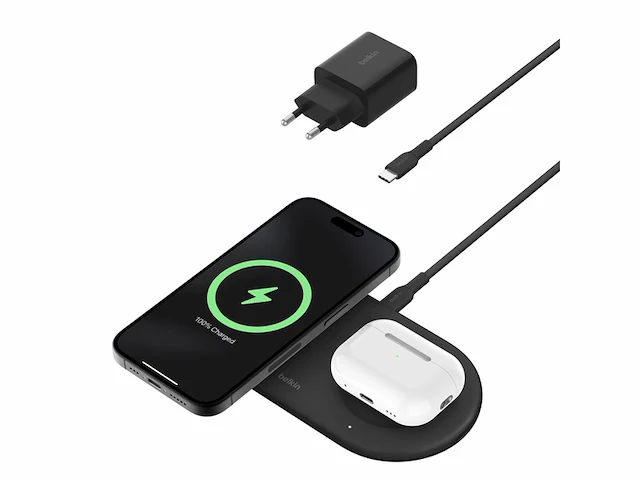 Belkin draadloze oplader qi2 dubbele basis 15w zwart - afbeelding 1 van  5