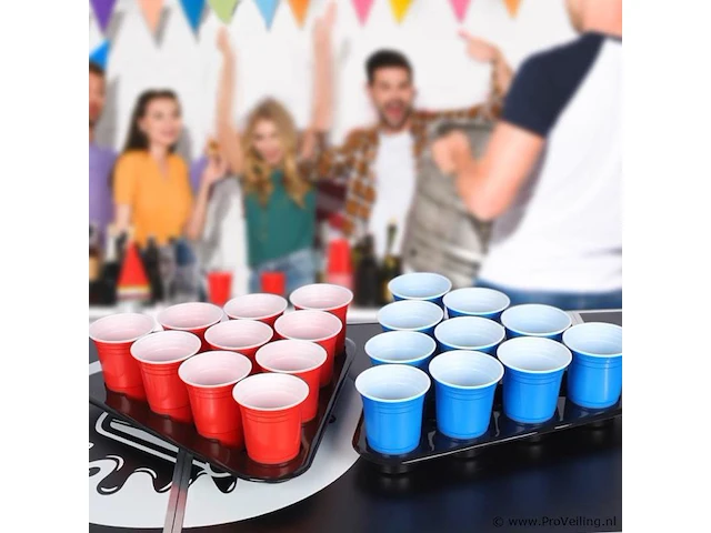 Bierpongtafelset voor volwassenen - inclusief 6 ballen, 100 bekers en bekerhouder - in hoogte verstelbaar, opvouwbaar, aluminium - drinkspelletjes - afbeelding 2 van  11