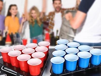 Bierpongtafelset voor volwassenen - inclusief 6 ballen, 100 bekers en bekerhouder - in hoogte verstelbaar, opvouwbaar, aluminium - drinkspelletjes - afbeelding 2 van  11