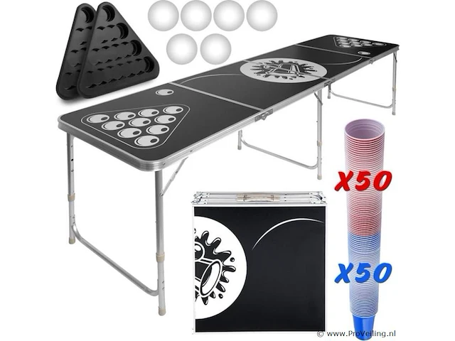 Bierpongtafelset voor volwassenen - inclusief 6 ballen, 100 bekers en bekerhouder - in hoogte verstelbaar, opvouwbaar, aluminium - drinkspelletjes - afbeelding 1 van  11