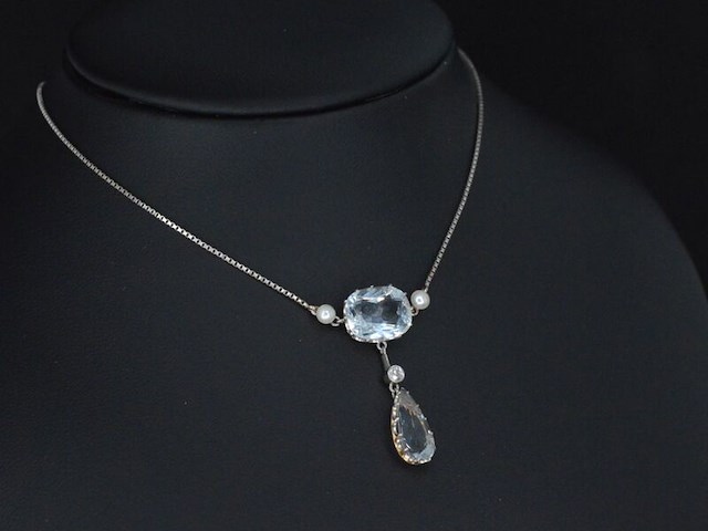 Bijzondere art deco halsketting met echte aquamarijn en orient parels - afbeelding 1 van  4