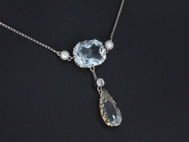 Bijzondere art deco halsketting met echte aquamarijn en orient parels - afbeelding 2 van  4