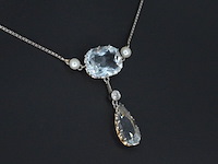 Bijzondere art deco halsketting met echte aquamarijn en orient parels - afbeelding 2 van  4