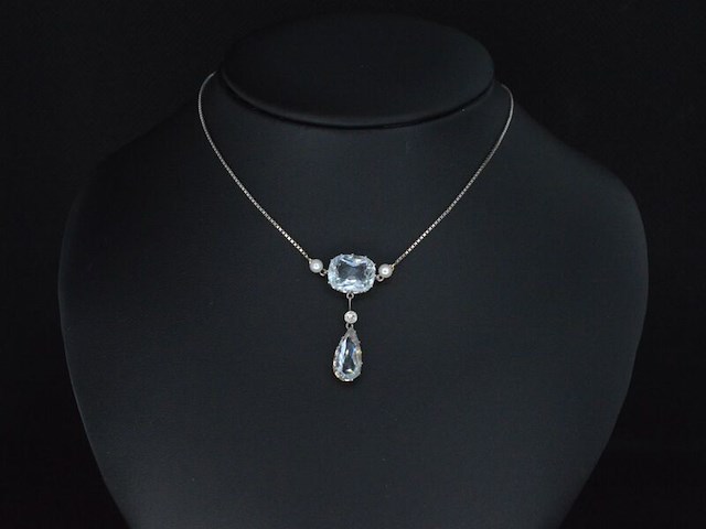 Bijzondere art deco halsketting met echte aquamarijn en orient parels - afbeelding 3 van  4