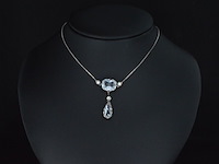 Bijzondere art deco halsketting met echte aquamarijn en orient parels - afbeelding 3 van  4