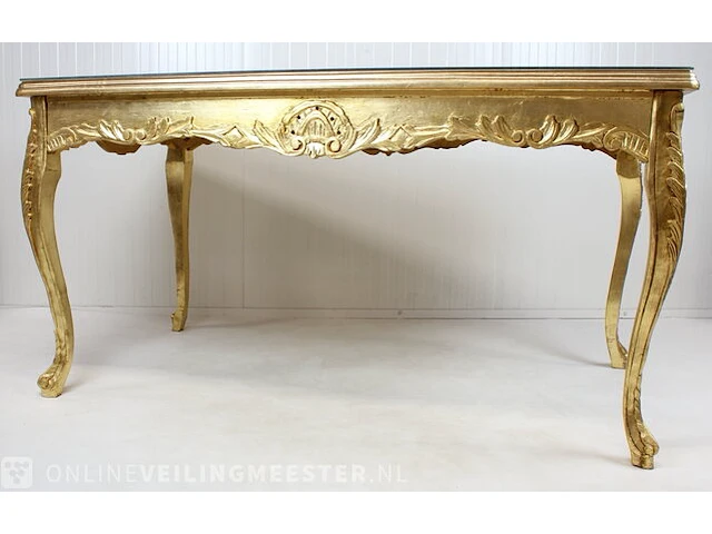 Blad-goud bekleedde lodewijk xvi-stijl presentatie / eet kamer tafel met glasplaat, 2e helft 20e eeuw - afbeelding 2 van  12