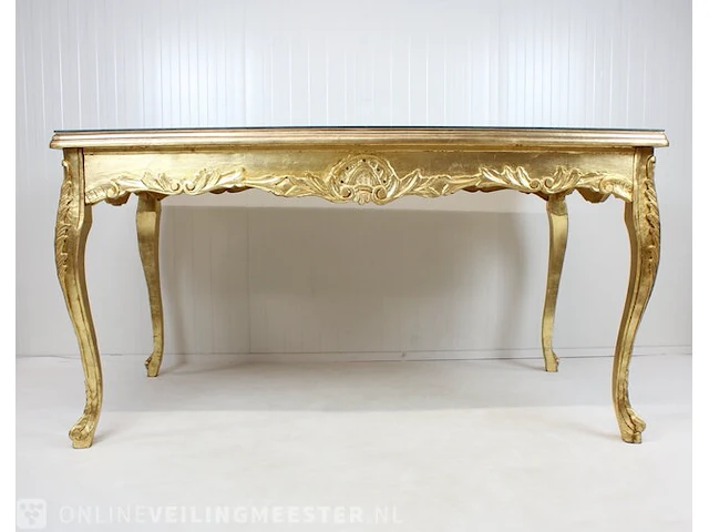 Blad-goud bekleedde lodewijk xvi-stijl presentatie / eet kamer tafel met glasplaat, 2e helft 20e eeuw - afbeelding 3 van  12