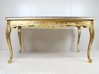Blad-goud bekleedde lodewijk xvi-stijl presentatie / eet kamer tafel met glasplaat, 2e helft 20e eeuw - afbeelding 3 van  12