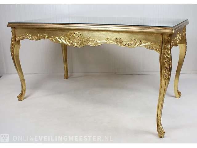 Blad-goud bekleedde lodewijk xvi-stijl presentatie / eet kamer tafel met glasplaat, 2e helft 20e eeuw - afbeelding 1 van  12