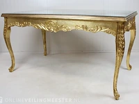 Blad-goud bekleedde lodewijk xvi-stijl presentatie / eet kamer tafel met glasplaat, 2e helft 20e eeuw - afbeelding 1 van  12