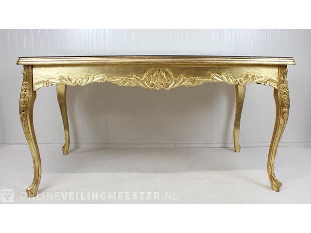 Blad-goud bekleedde lodewijk xvi-stijl presentatie / eet kamer tafel met glasplaat, 2e helft 20e eeuw - afbeelding 5 van  12