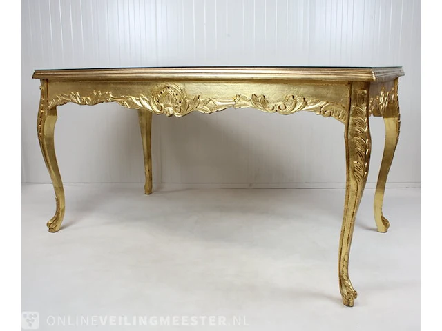 Blad-goud bekleedde lodewijk xvi-stijl presentatie / eet kamer tafel met glasplaat, 2e helft 20e eeuw - afbeelding 6 van  12