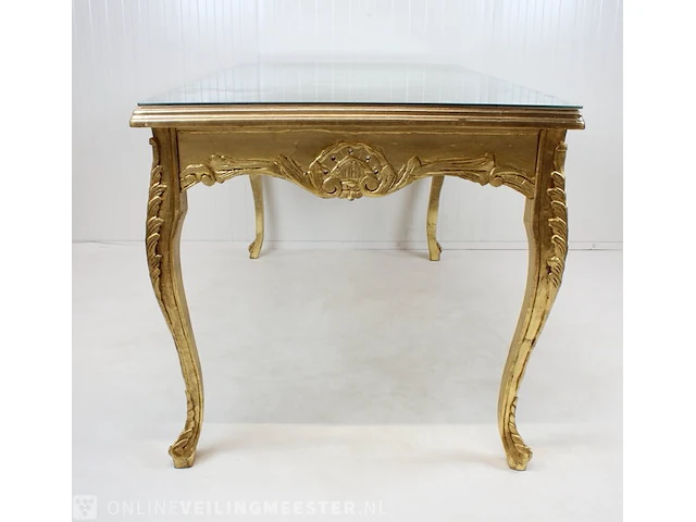 Blad-goud bekleedde lodewijk xvi-stijl presentatie / eet kamer tafel met glasplaat, 2e helft 20e eeuw - afbeelding 7 van  12