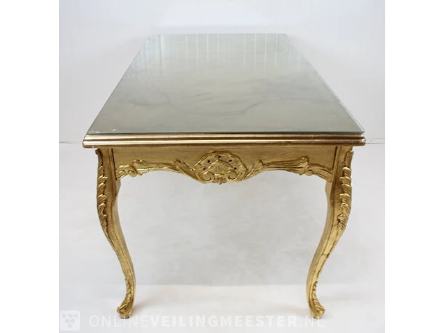 Blad-goud bekleedde lodewijk xvi-stijl presentatie / eet kamer tafel met glasplaat, 2e helft 20e eeuw - afbeelding 8 van  12