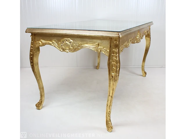 Blad-goud bekleedde lodewijk xvi-stijl presentatie / eet kamer tafel met glasplaat, 2e helft 20e eeuw - afbeelding 9 van  12