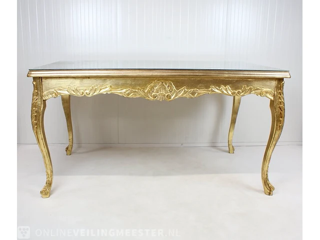 Blad-goud bekleedde lodewijk xvi-stijl presentatie / eet kamer tafel met glasplaat, 2e helft 20e eeuw - afbeelding 10 van  12