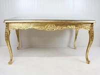 Blad-goud bekleedde lodewijk xvi-stijl presentatie / eet kamer tafel met glasplaat, 2e helft 20e eeuw - afbeelding 10 van  12