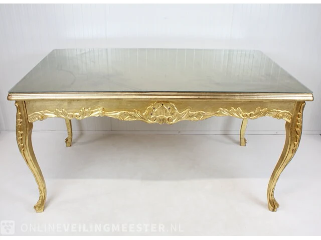 Blad-goud bekleedde lodewijk xvi-stijl presentatie / eet kamer tafel met glasplaat, 2e helft 20e eeuw - afbeelding 11 van  12