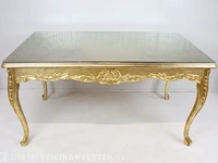 Blad-goud bekleedde lodewijk xvi-stijl presentatie / eet kamer tafel met glasplaat, 2e helft 20e eeuw - afbeelding 11 van  12