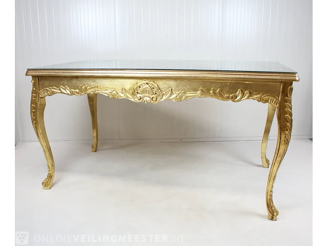Blad-goud bekleedde lodewijk xvi-stijl presentatie / eet kamer tafel met glasplaat, 2e helft 20e eeuw - afbeelding 12 van  12