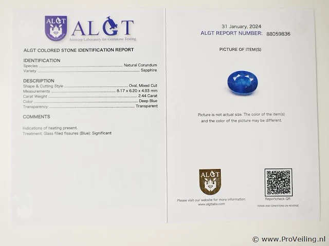 Blue sapphire 2.44ct algt certified - afbeelding 8 van  8