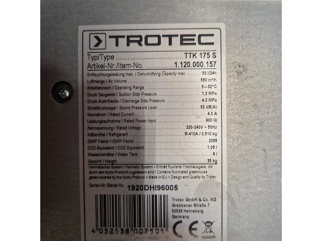 Bouwdroger - 50l - 230v trotec, ttk 0175 s, bouwjaar 2019 - afbeelding 5 van  5