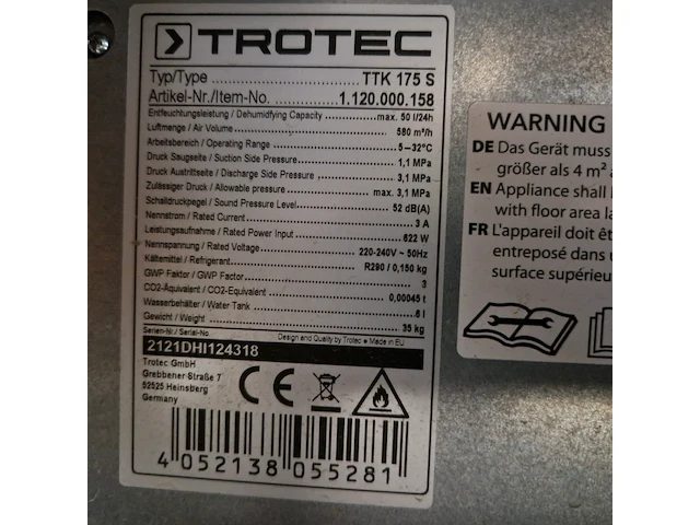 Bouwdroger - 50l - 230v trotec, ttk 0175 s, bouwjaar 2021 - afbeelding 5 van  5