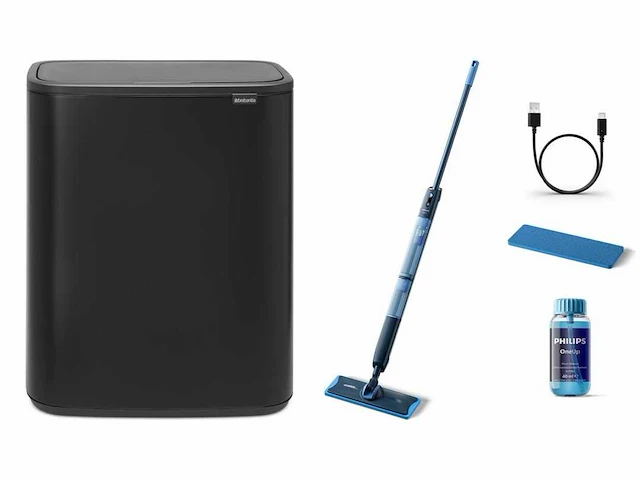 Brabantia bo touch bin prullenbak - 60 liter - matt black + philips oneup elektrische dweil 5000 series xv5113/01 - dweilsysteem - vloerreiniger - vuil water opzuigen - 2 standen - 70min dweilen - geen emmer nodig - afbeelding 1 van  2