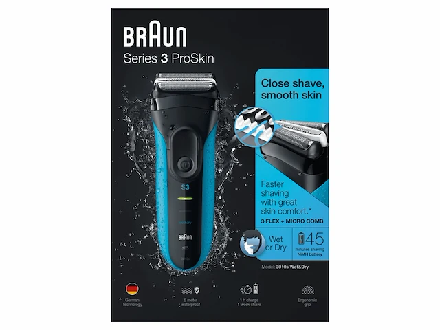 Braun series 3 proskin 3010s elektrisch scheerapparaat zwart/blauw oplaadbaar scheerapparaat - afbeelding 3 van  3
