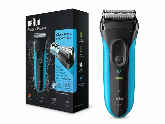 Braun series 3 proskin 3010s elektrisch scheerapparaat zwart/blauw - afbeelding 2 van  3
