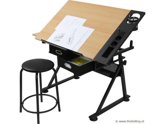 Bureau met twee werkbladen - verstelbare kanteling - max. 115 x 65 – min. 90 x 60 cm - inclusief kruk, bekerhouder en 2 lades - lichtbruin/zwart - afbeelding 2 van  11
