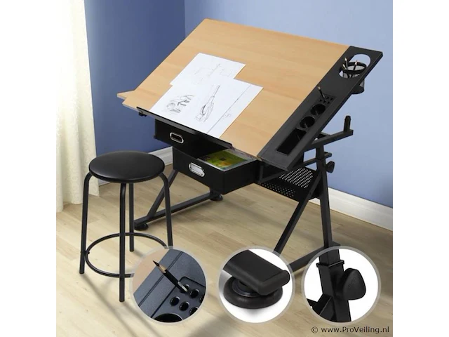 Bureau met twee werkbladen - verstelbare kanteling - max. 115 x 65 – min. 90 x 60 cm - inclusief kruk, bekerhouder en 2 lades - lichtbruin/zwart - afbeelding 1 van  11