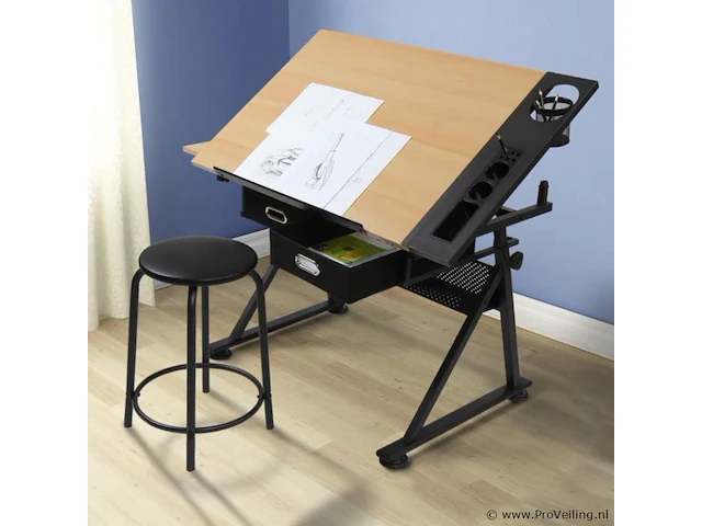 Bureau met twee werkbladen - verstelbare kanteling - max. 115 x 65 – min. 90 x 60 cm - inclusief kruk, bekerhouder en 2 lades - lichtbruin/zwart - afbeelding 4 van  11