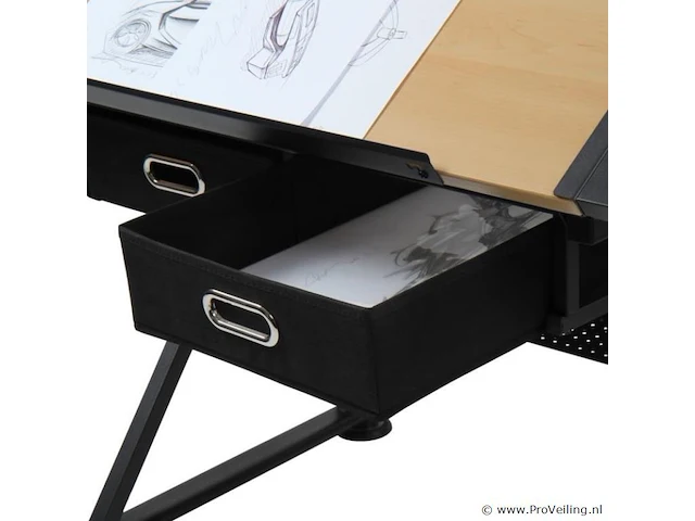 Bureau met twee werkbladen - verstelbare kanteling - max. 115 x 65 – min. 90 x 60 cm - inclusief kruk, bekerhouder en 2 lades - lichtbruin/zwart - afbeelding 8 van  11