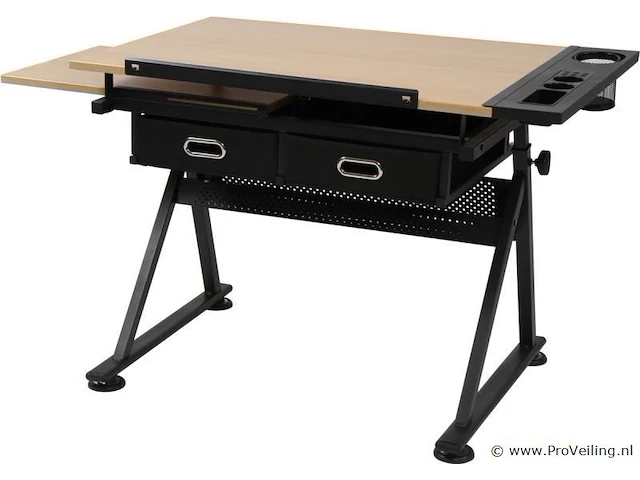 Bureau met twee werkbladen - verstelbare kanteling - max. 115 x 65 – min. 90 x 60 cm - inclusief kruk, bekerhouder en 2 lades - lichtbruin/zwart - afbeelding 9 van  11