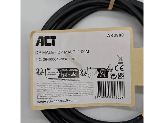 Ca. 132x display port kabel, act, ak3980 dp male 2.00m - afbeelding 2 van  5