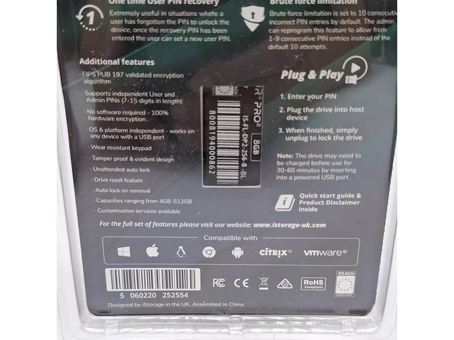 Ca. 70x usb stick met pin vergrendeling, istorage, datashur pro 2 8gb - afbeelding 4 van  6