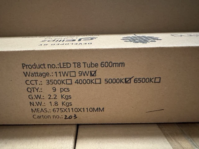 Ca. 72x led t8 tube 600 mm tl2f 9w 5000k, ellipz lighting - afbeelding 3 van  3