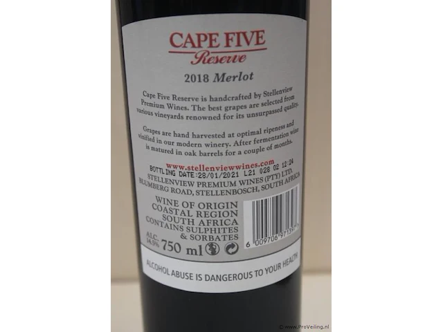 Cape five reserve marlot - 75 cl - winkelverkoopprijs € 12.95 - afbeelding 3 van  3