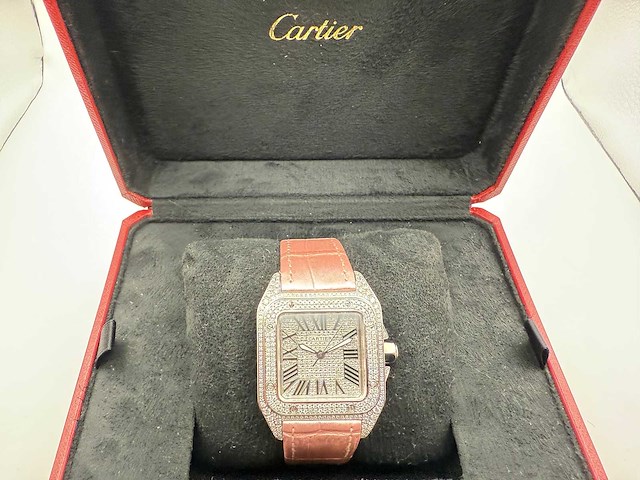 Cartier santos 100 medium | iced out naturel diamonds | 2025 | new - afbeelding 3 van  13