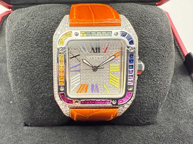 Cartier santos 100 medium | iced out naturel diamonds | 2025 | new - afbeelding 8 van  14